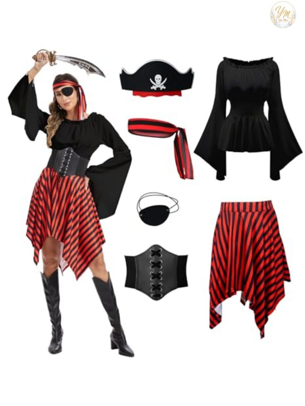 Womens Pirate Costume 6 Pc Renaissance Medieval Outfit Set Corset Skirt